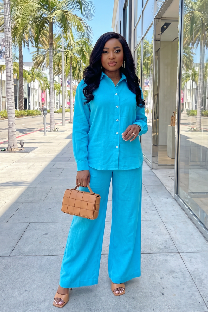 Woman in a turquoise outfit standing on a sidewalk with palm trees in the background