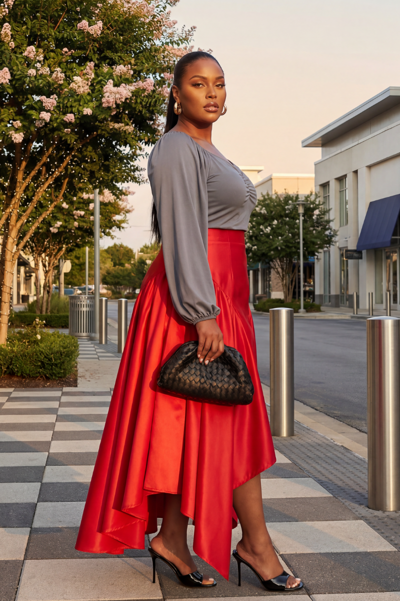 Woman in a gray top and red skirt standing on a sidewalk with trees and buildings in the background.