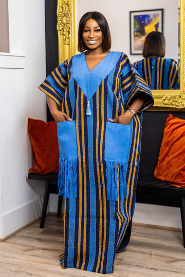 Ayola Rhinestone Aso-Oke Kaftan | Blue