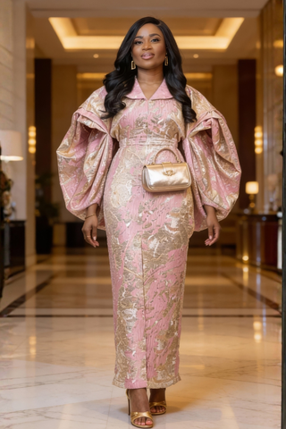 Woman in a pink and gold outfit with a matching handbag in an elegant interior setting.