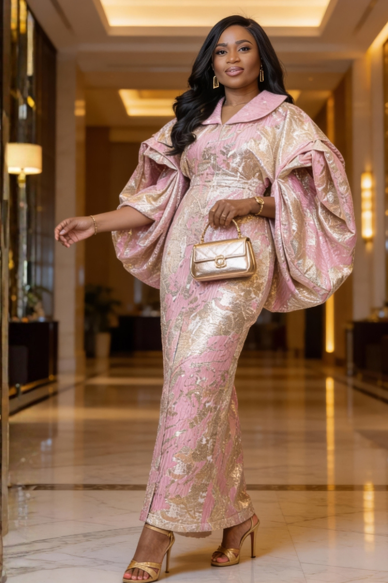 Woman in a pink and gold dress holding a handbag in an elegant interior setting