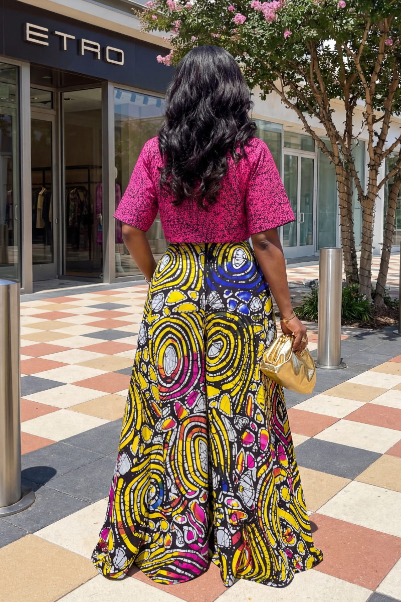 Woman in a colorful outfit standing outdoors with a building and car in the background