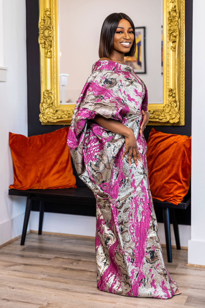 Abeni Off-Shoulder Brocade Boubou | Fuchsia