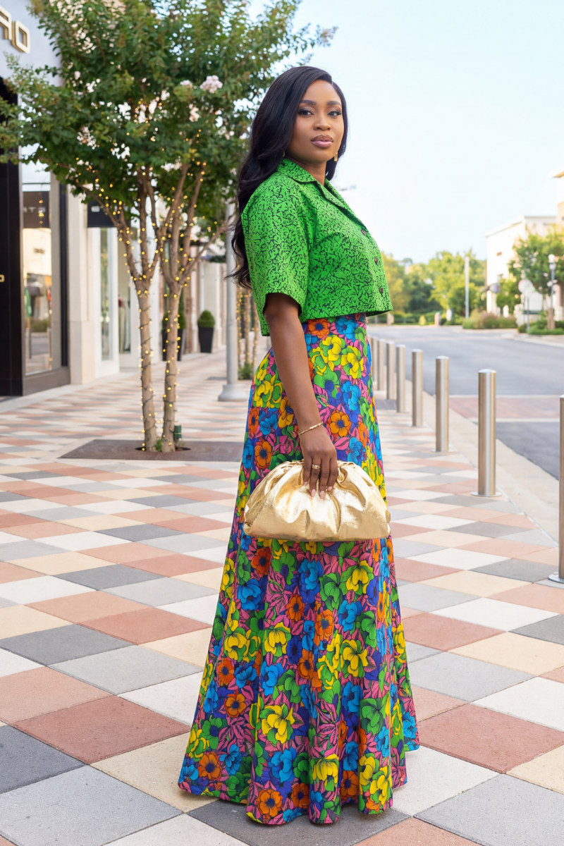 Woman in a green top and colorful floral pants standing in front of a store with 'METRO' branding.