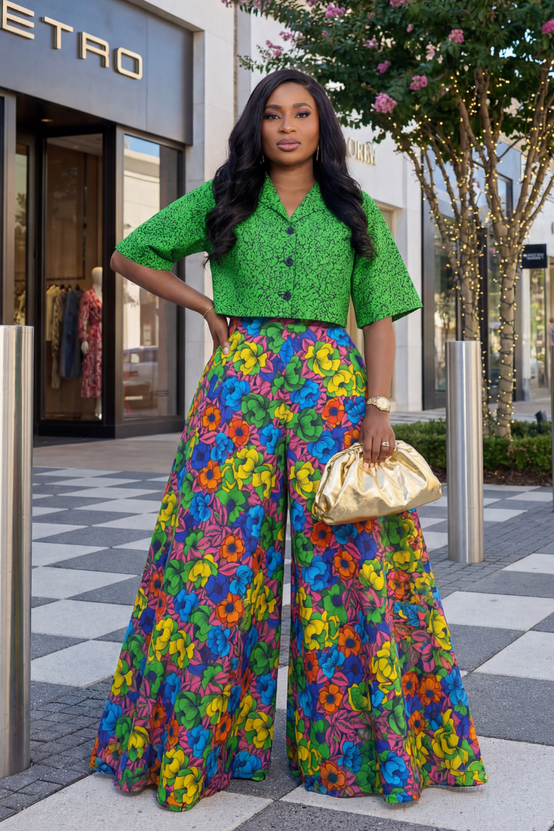 Woman in a green top and colorful floral pants standing in front of a store with 'METRO' branding.