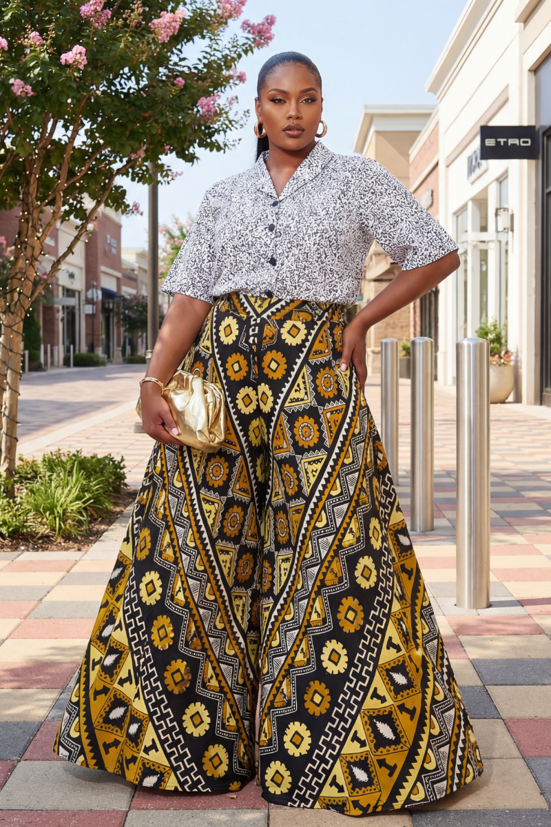 Woman in a patterned outfit standing on a sidewalk with shops in the background