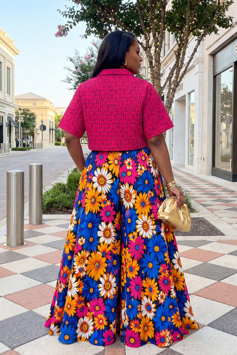Woman wearing a bright pink top and colorful floral skirt in an urban setting.