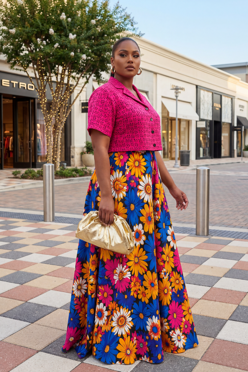 Woman in a colorful floral dress and pink top standing on a city street.