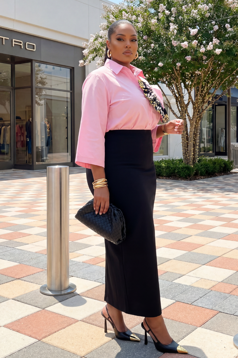 Woman in pink blouse and black skirt standing on a sidewalk with a store in the background