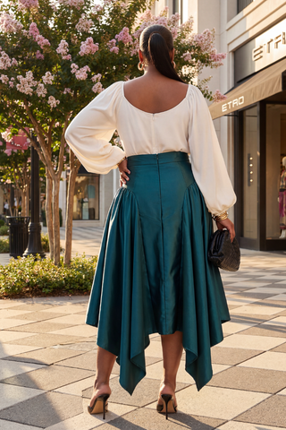 Woman in a white blouse and teal skirt walking on a city street with a store in the background.