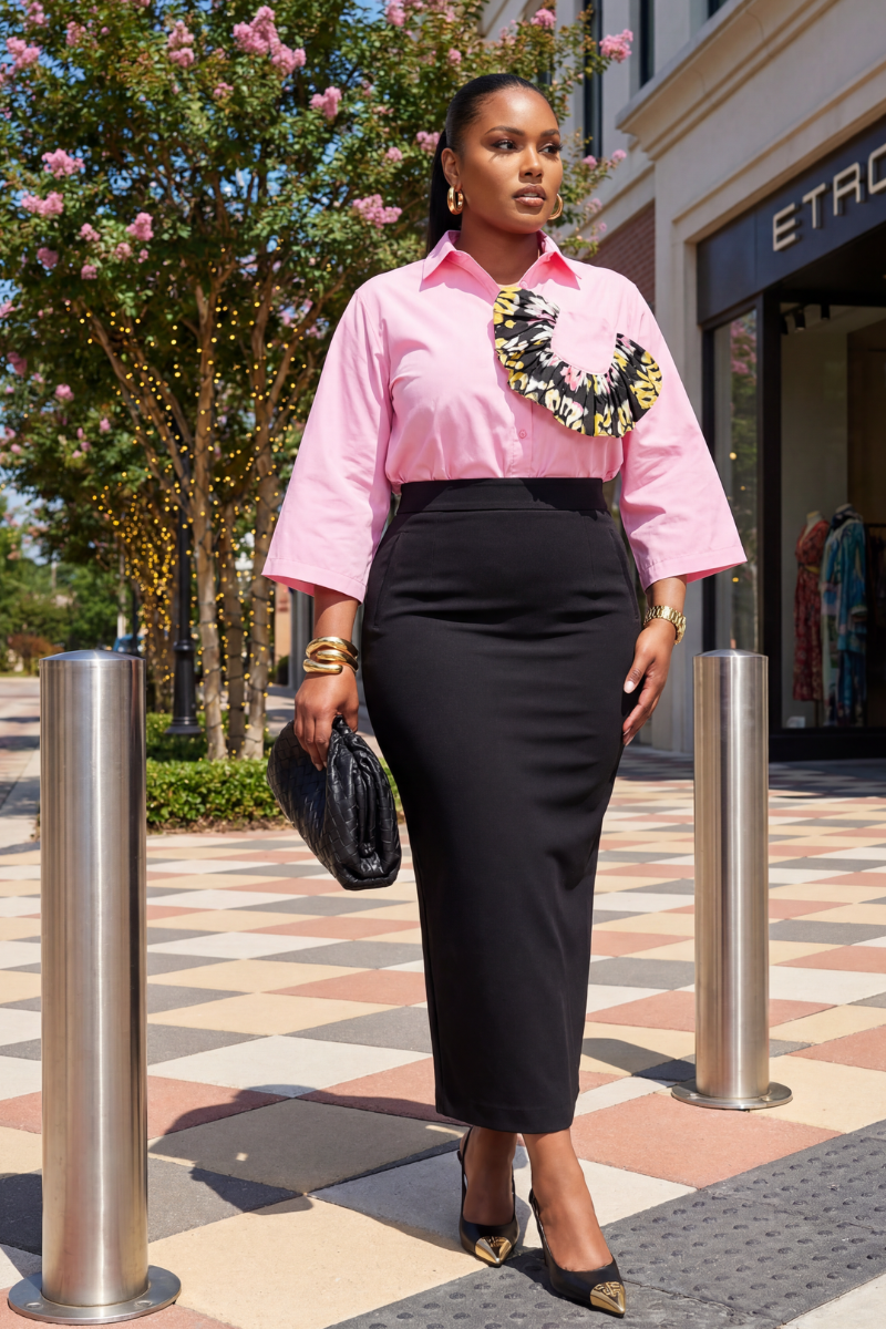 Woman in a pink shirt and black pants standing on a sidewalk with shops in the background.