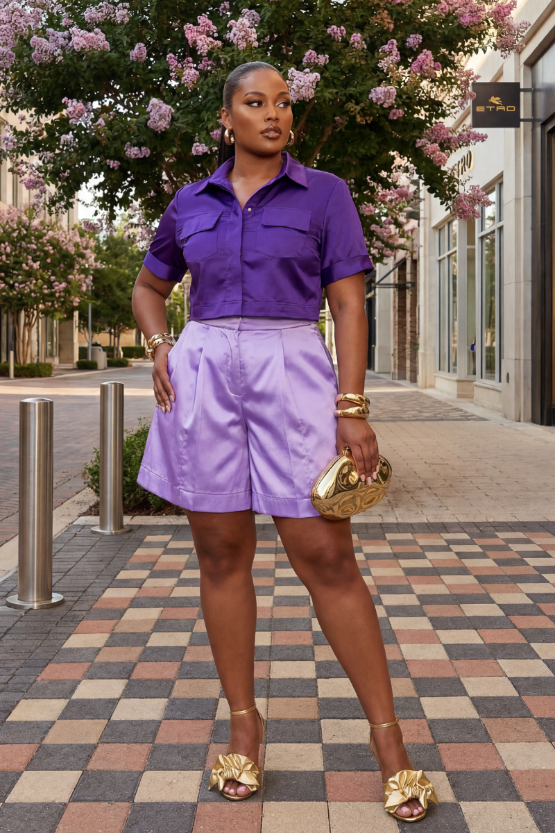 Woman in a purple shirt and light purple shorts standing on a sidewalk with floral decorations.