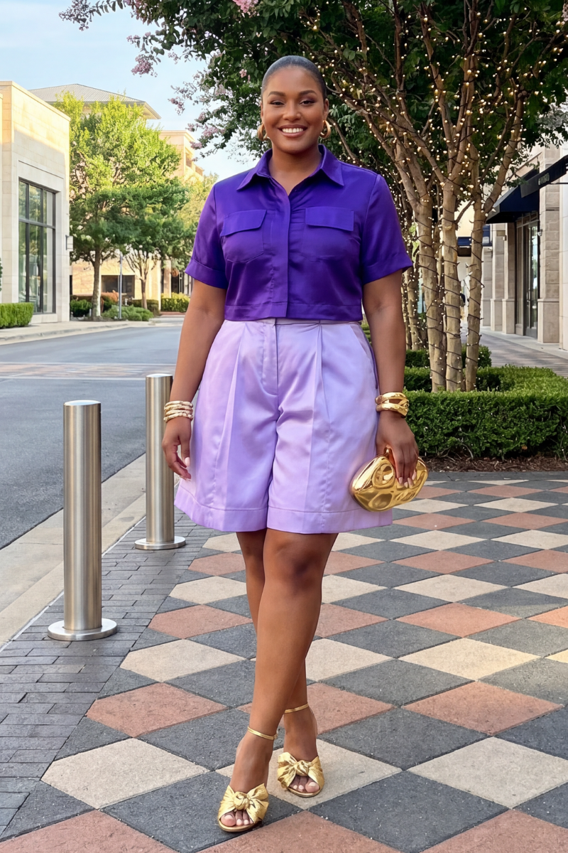 Woman in a purple shirt and light purple shorts standing on a sidewalk with floral decorations.