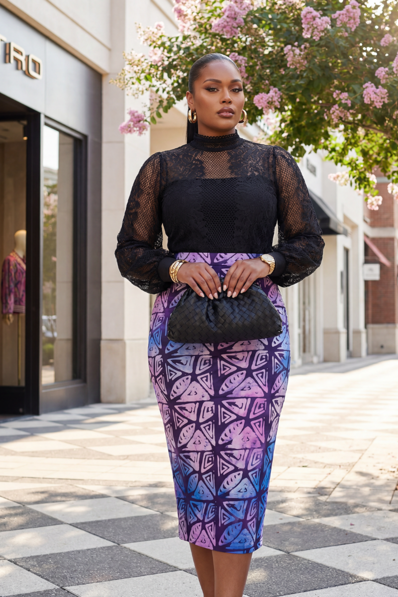 Woman wearing a black lace top and patterned skirt standing on a sidewalk with a building and tree in the background.