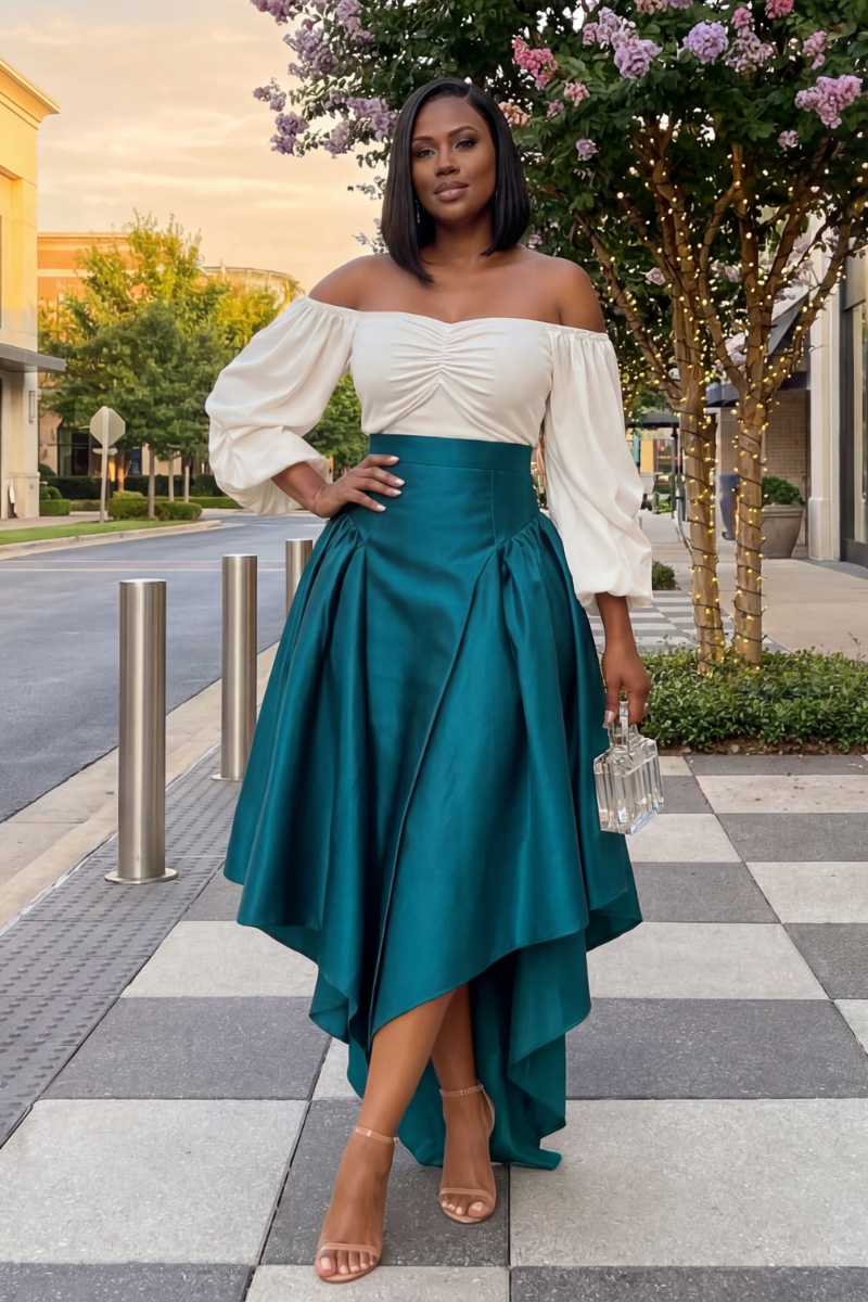 Woman in a white top and teal skirt standing on a sidewalk with trees and buildings in the background.