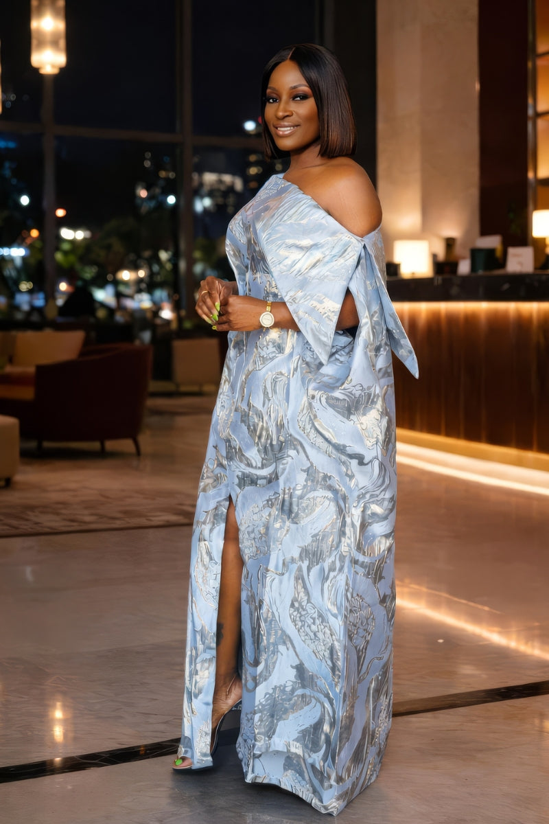 Abeni Off-Shoulder Brocade Boubou | Silver