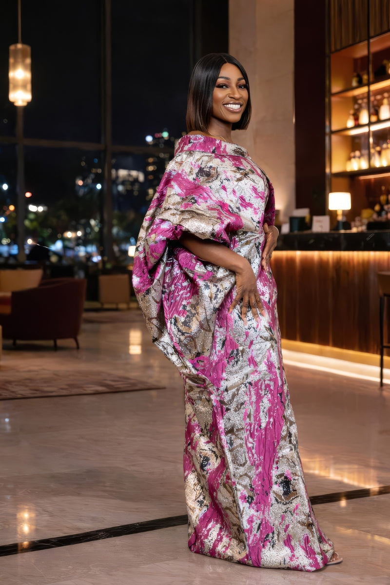 Abeni Off-Shoulder Brocade Boubou | Fuchsia