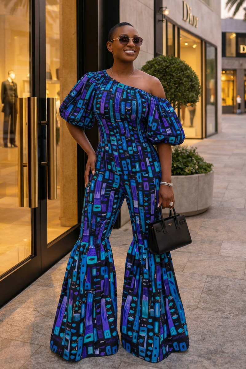 Woman in a blue and purple patterned jumpsuit standing on a city street.