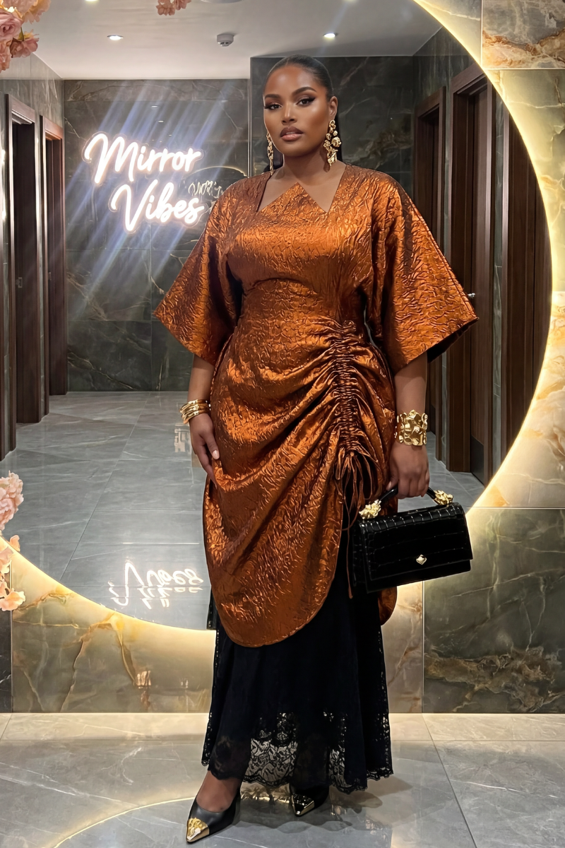 Woman in an orange dress standing in front of a mirror with 'Mirror Vibes' text.