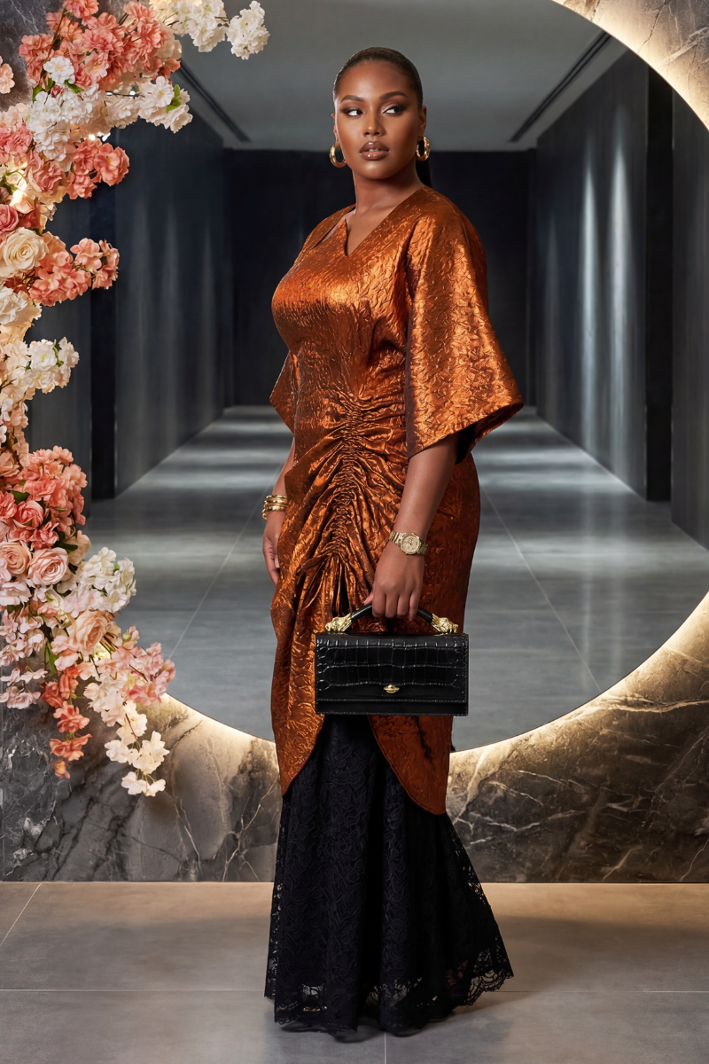 Woman in an orange dress standing in front of a mirror with 'Mirror Vibes' text.