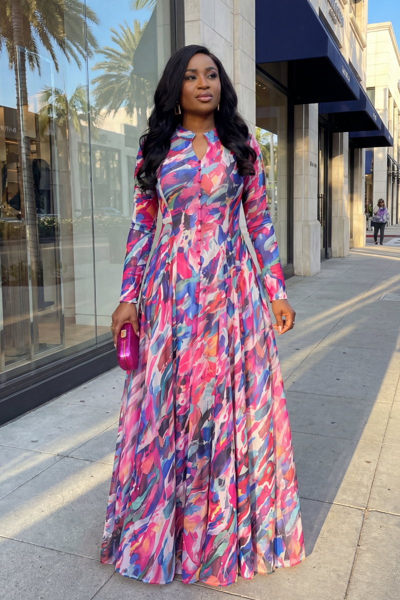 Woman in a colorful dress standing on a city street.
