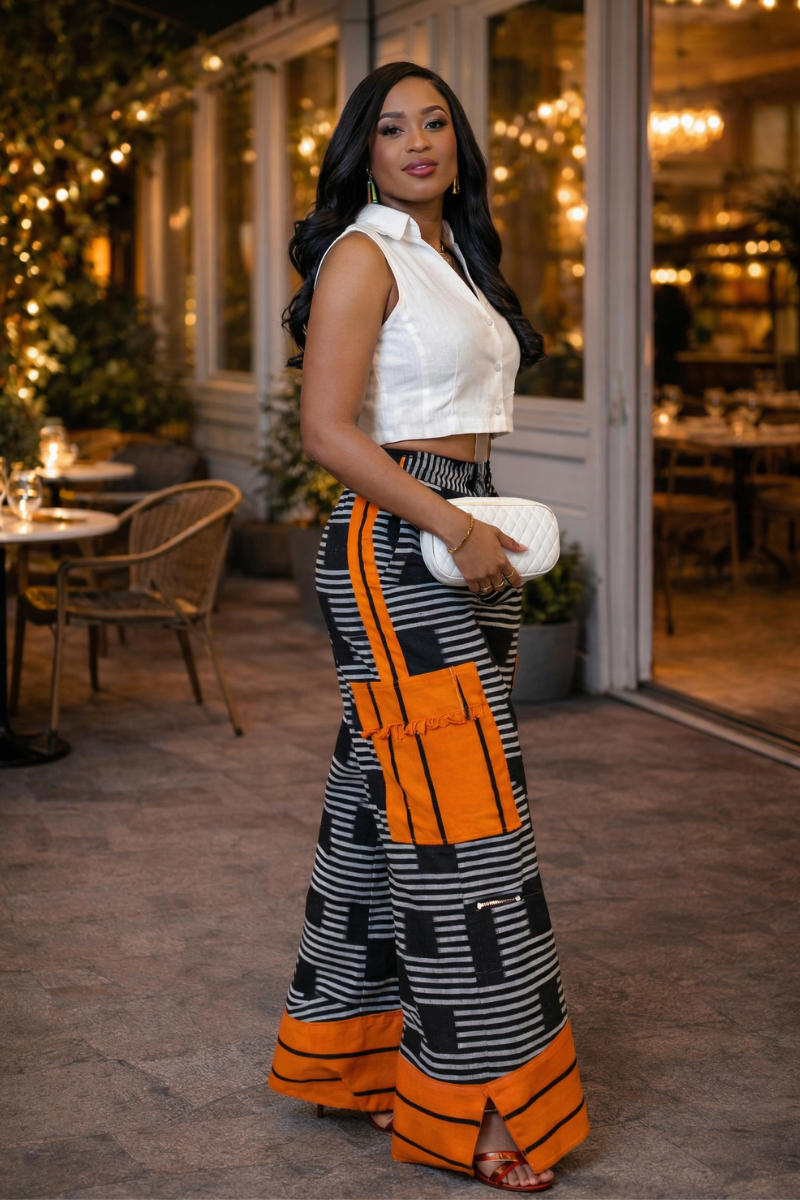 Woman in a stylish outfit with patterned pants and white top, standing outdoors at night.