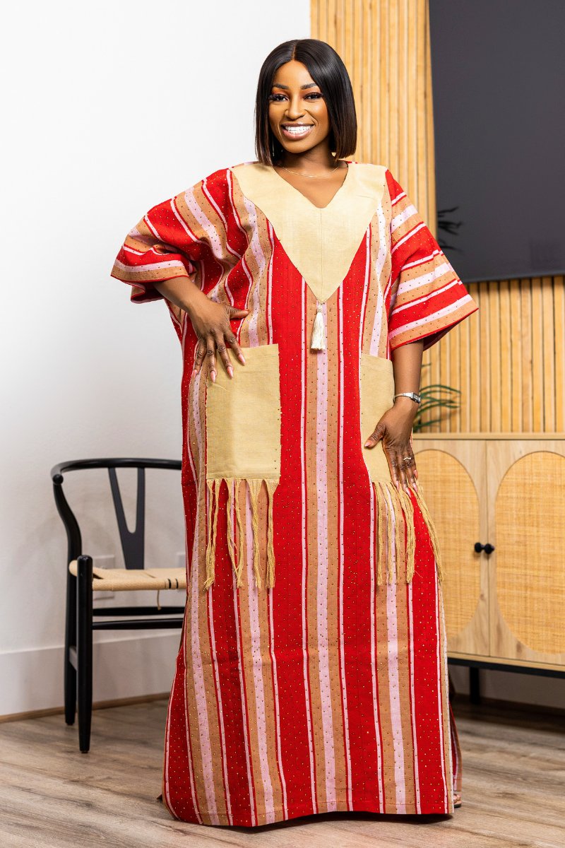Ayola Rhinestone Aso-Oke Kaftan | Red