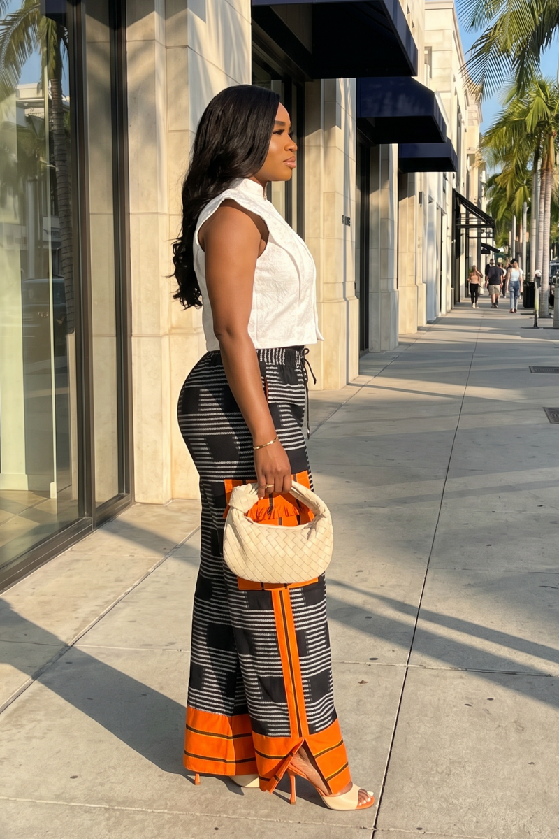Woman walking on a city street holding a beige handbag.