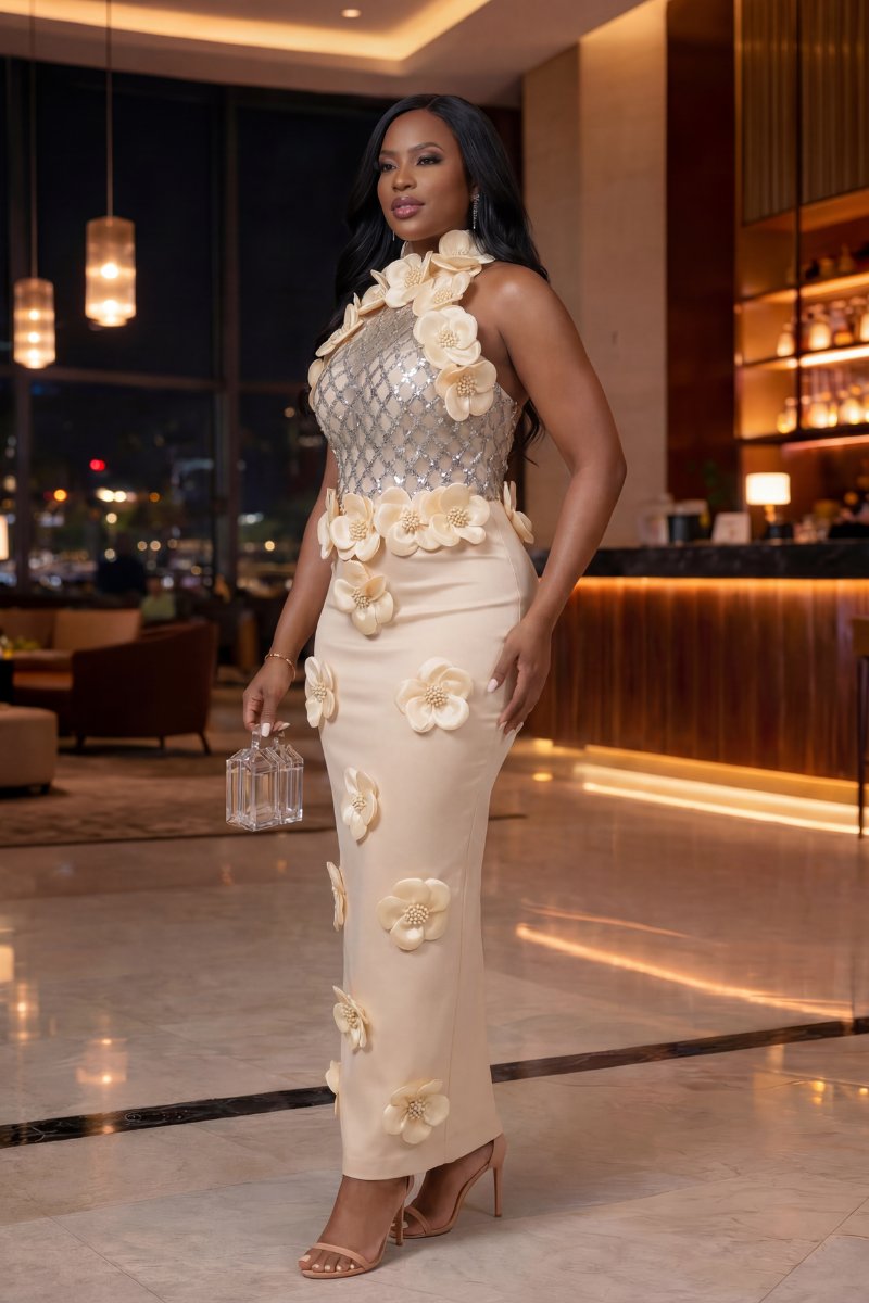 Rose 3D Dress | Beige