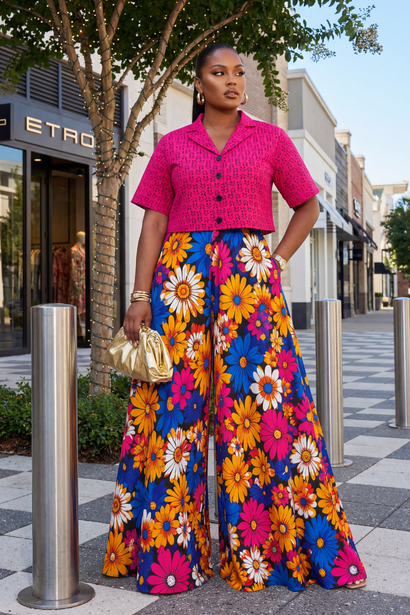 Woman in a pink top and colorful floral pants standing on a sidewalk with a store in the background.