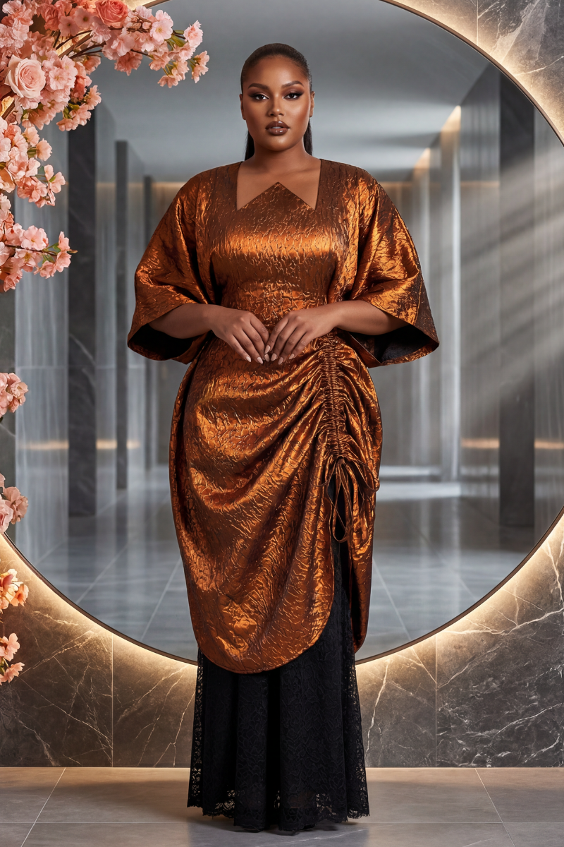 Woman in a bronze and black dress standing in a modern interior setting with floral decorations.