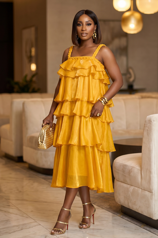 Woman in a yellow ruffled dress standing in an elegant interior setting.